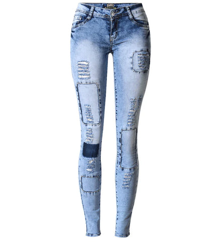 Low Waist Sky Blue Patchwork Skinny Tights Women