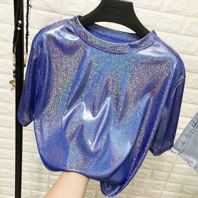 Summer woman tops shiny loose short sleeve t-shirt sexy club aesthetic harajuku women stylish bright silk tshirt