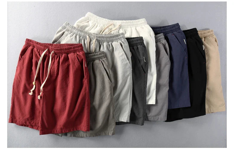 Summer Men Casual Cotton Linen Shorts Knee Length Beach Elastic Waist Shorts Solid Color Comfortable Pants New