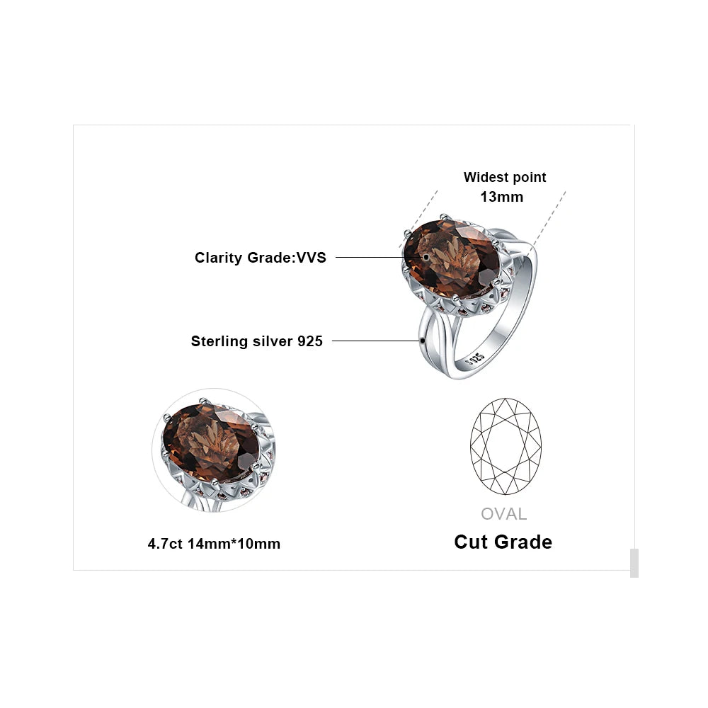Large 5.7ct Genuine Oval Smoky Quartz 925 Sterling Silver Big Gemstone Cocktail Statement Rings for Women Jewelry