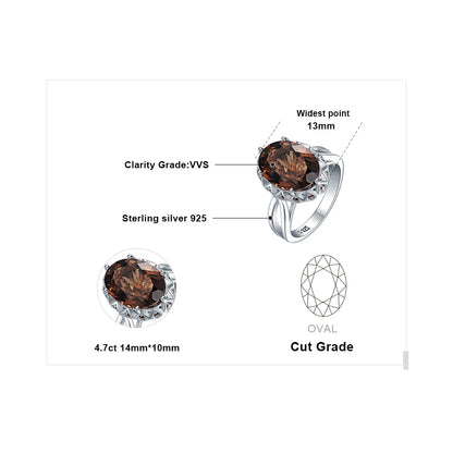 Large 5.7ct Genuine Oval Smoky Quartz 925 Sterling Silver Big Gemstone Cocktail Statement Rings for Women Jewelry