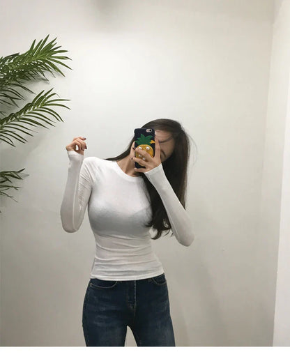 T Shirt Korean Style Slim T-shirts 2026 Sexy Tshirts Cotton Long Sleeve Summer Tops Tee Shirt Femme Khaki Blue White Black