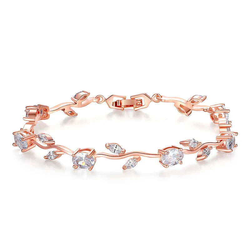 Rose Gold Color Leaf Chain & Link Bracelet with Red + Green AAA Zircon for Mother Gifts Jewelry JIB072