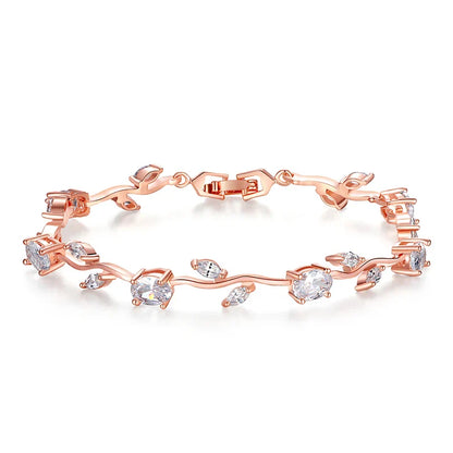 Rose Gold Color Leaf Chain & Link Bracelet with Red + Green AAA Zircon for Mother Gifts Jewelry JIB072