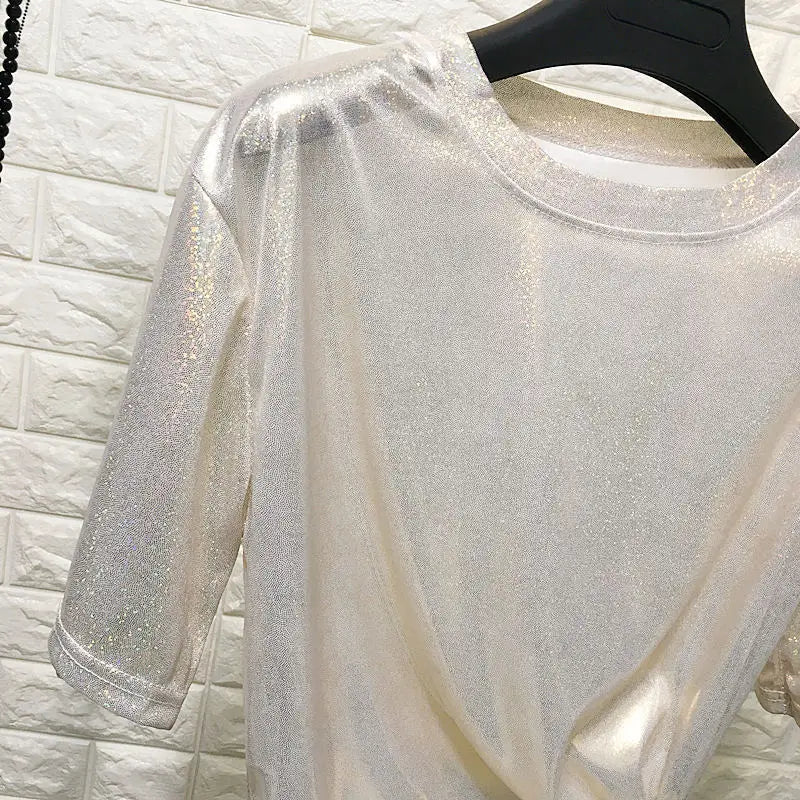 Summer woman tops shiny loose short sleeve t-shirt sexy club aesthetic harajuku women stylish bright silk tshirt