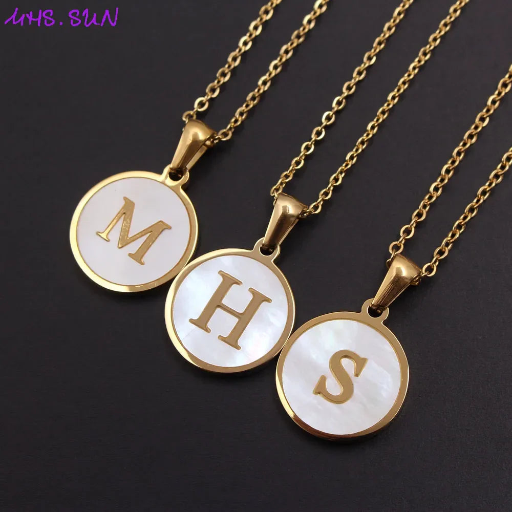 Round Gold Color Initial Letter Necklace Shell Circle Pendant Necklaces For Women Men Stainless Steel Chain Jewelry Gift
