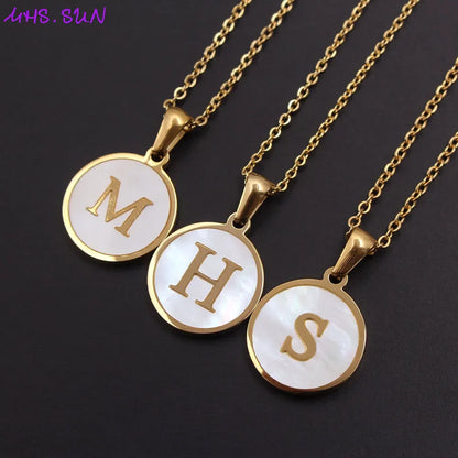 Round Gold Color Initial Letter Necklace Shell Circle Pendant Necklaces For Women Men Stainless Steel Chain Jewelry Gift