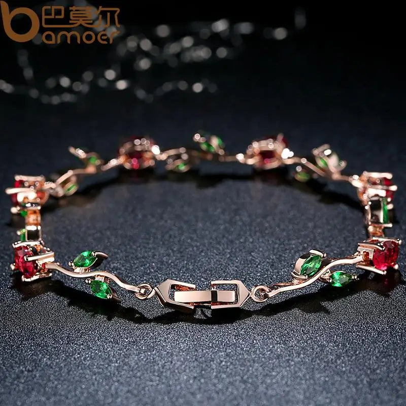 Rose Gold Color Leaf Chain & Link Bracelet with Red + Green AAA Zircon for Mother Gifts Jewelry JIB072