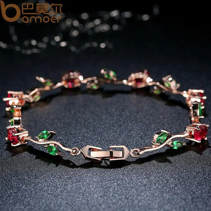 Rose Gold Color Leaf Chain & Link Bracelet with Red + Green AAA Zircon for Mother Gifts Jewelry JIB072