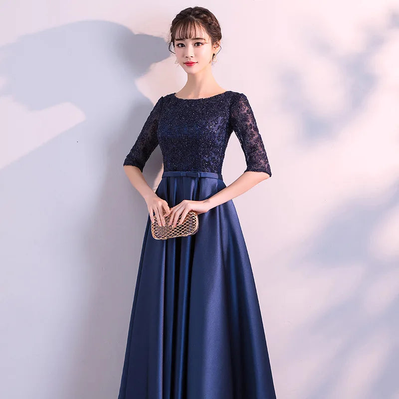 New 2025 Long Formal Evening Dresses Elegant Lace Satin Navy Blue Vestidos Para Mujer Women Party Gown