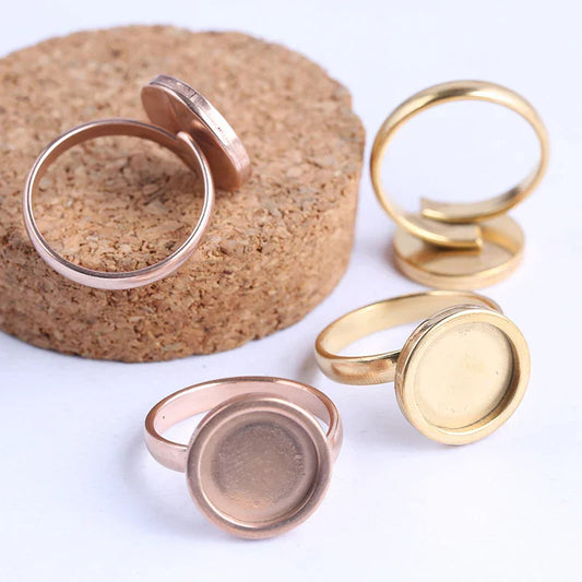 10pcs rose gold plated Fitting 12mm round cabochon ring blanks adjustable stainless steel base setting diy jewelry bezels