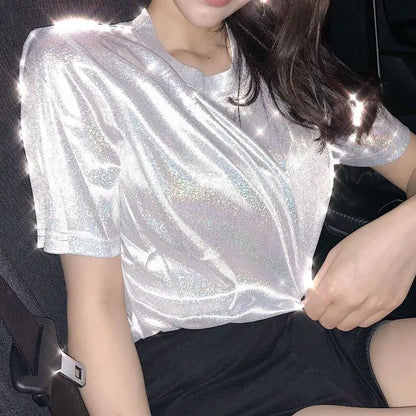 Summer woman tops shiny loose short sleeve t-shirt sexy club aesthetic harajuku women stylish bright silk tshirt