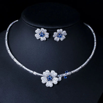 Druzy CZ Stone Big Red Flower Wedding Bridal Choker Necklace and Earrings Party Costume Jewelry Sets for Brides T0518