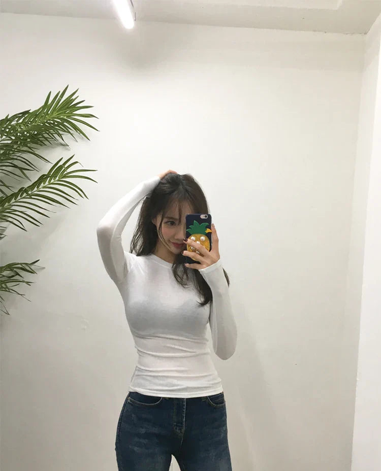 T Shirt Korean Style Slim T-shirts 2026 Sexy Tshirts Cotton Long Sleeve Summer Tops Tee Shirt Femme Khaki Blue White Black