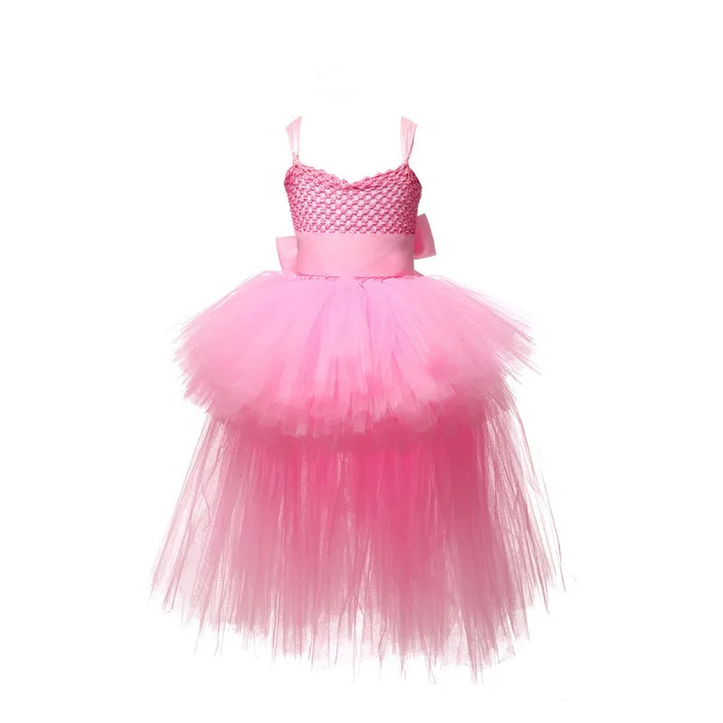 Vestido Tutu Rosa e Preto para Meninas, Vestido de Tule com Cauda e Decote V para Festa de Aniversário, Vestido de Baile para Meninas, Fantasias de Halloween Infantis