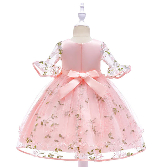 2023 Summer Party Dresses For Girls Kids Embroidery Flower Girl Dress Half Sleeves Children Elegant Birthday Princess Dresses