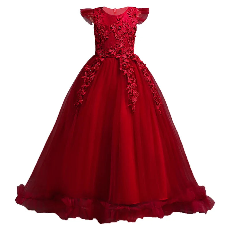 Kids Dresses Flower Lace Formal Sleeveless Long Dresses For Girls Princess Costume Girls Wedding Dresses Clothing 4-15Years