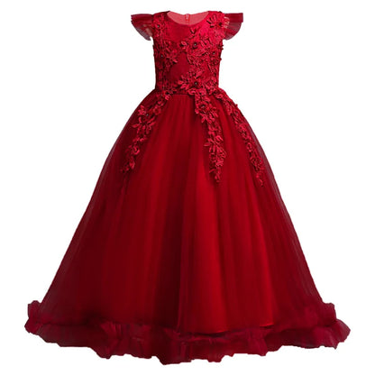 Kids Dresses Flower Lace Formal Sleeveless Long Dresses For Girls Princess Costume Girls Wedding Dresses Clothing 4-15Years