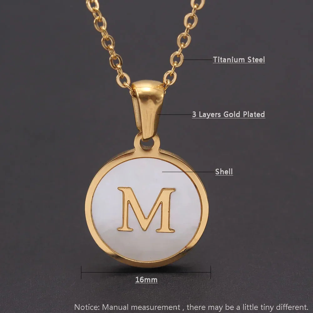 Round Gold Color Initial Letter Necklace Shell Circle Pendant Necklaces For Women Men Stainless Steel Chain Jewelry Gift