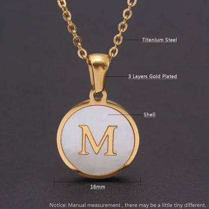 Round Gold Color Initial Letter Necklace Shell Circle Pendant Necklaces For Women Men Stainless Steel Chain Jewelry Gift