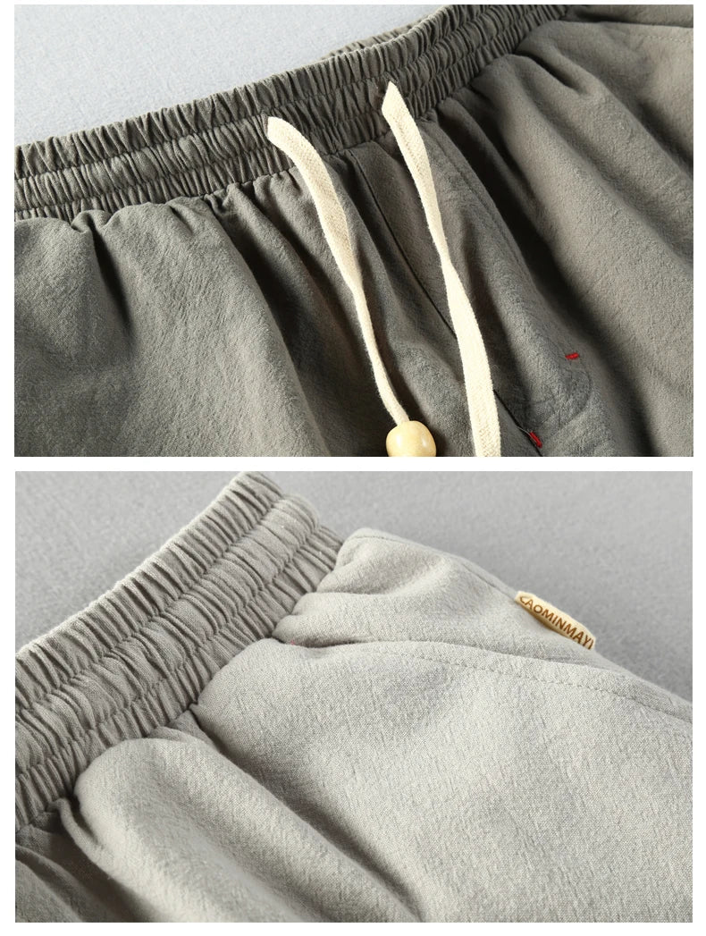 Summer Men Casual Cotton Linen Shorts Knee Length Beach Elastic Waist Shorts Solid Color Comfortable Pants New