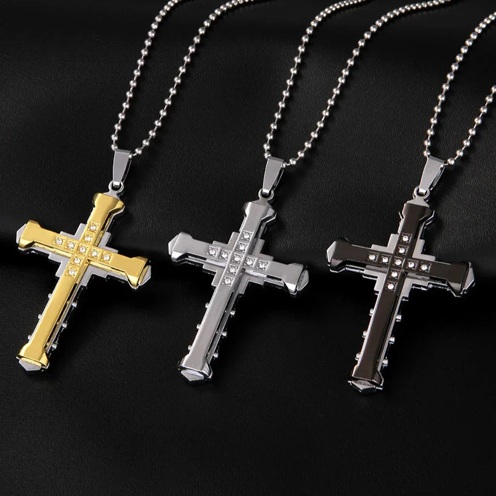 Male Crystal Cross Jesus Pendant Gold/Black/Blue Color Zirconia Necklace Stainless Steel Jewelry