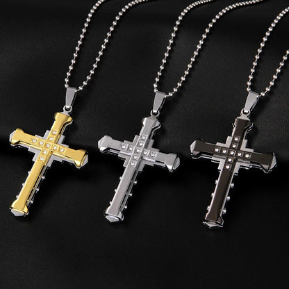 Male Crystal Cross Jesus Pendant Gold/Black/Blue Color Zirconia Necklace Stainless Steel Jewelry