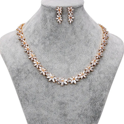 Marquise Floral Cubic Zirconia CZ Crystal Necklace and Earring Wedding Bridal Jewelry Sets