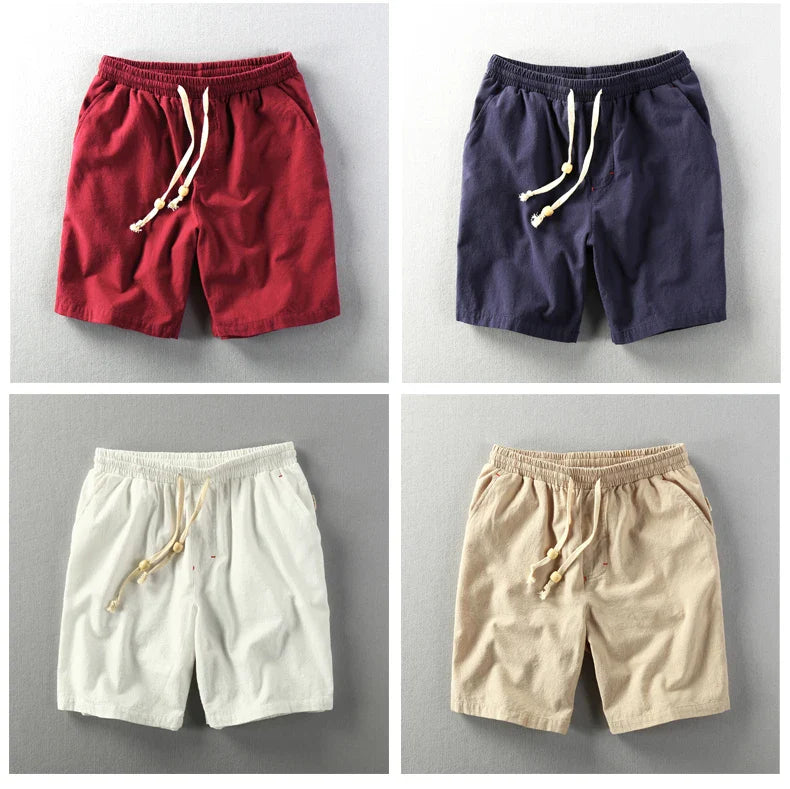 Summer Men Casual Cotton Linen Shorts Knee Length Beach Elastic Waist Shorts Solid Color Comfortable Pants New