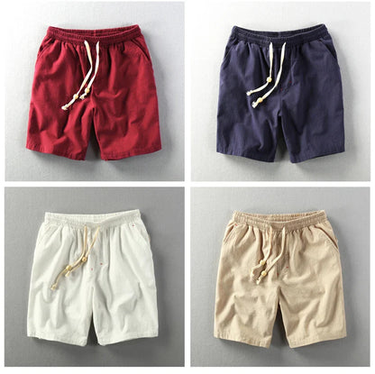 Summer Men Casual Cotton Linen Shorts Knee Length Beach Elastic Waist Shorts Solid Color Comfortable Pants New
