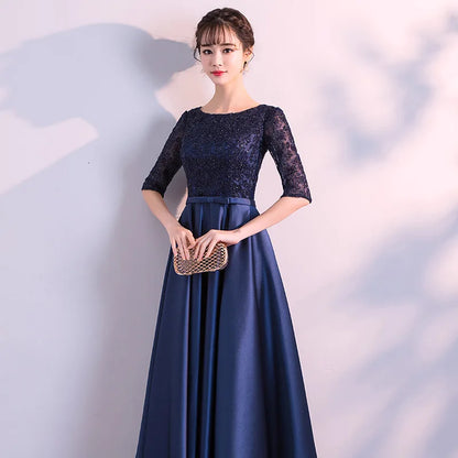 New 2025 Long Formal Evening Dresses Elegant Lace Satin Navy Blue Vestidos Para Mujer Women Party Gown