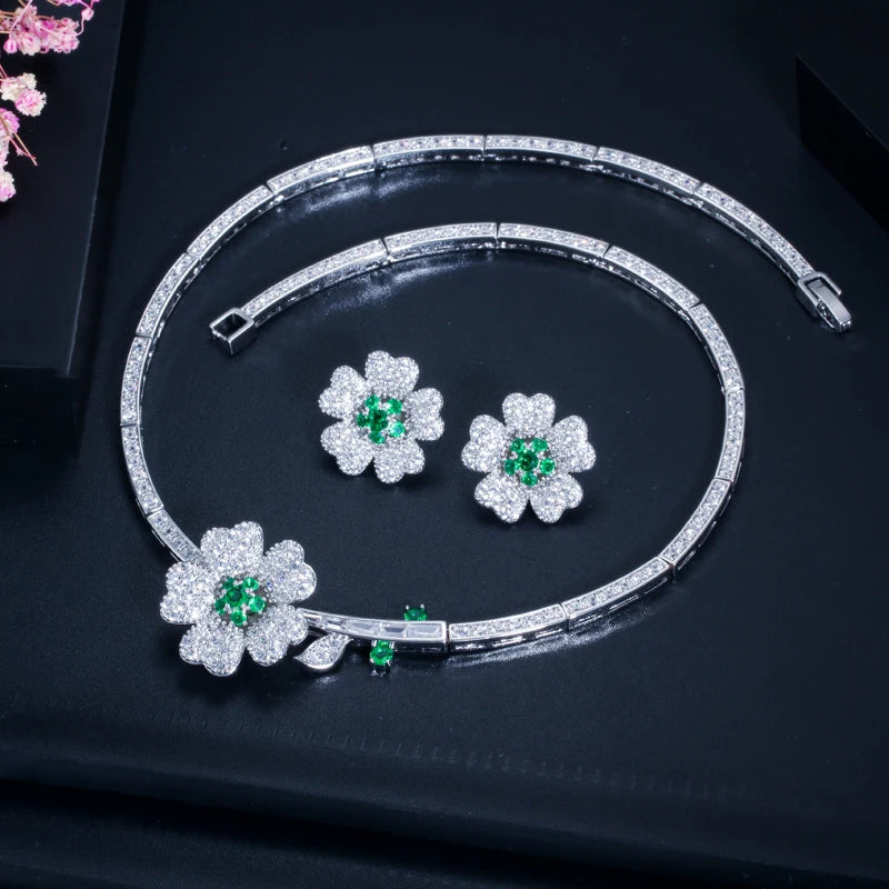 Druzy CZ Stone Big Red Flower Wedding Bridal Choker Necklace and Earrings Party Costume Jewelry Sets for Brides T0518