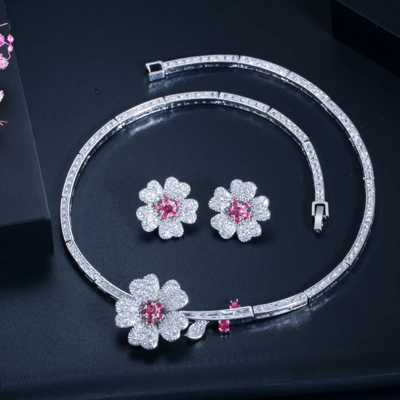 Druzy CZ Stone Big Red Flower Wedding Bridal Choker Necklace and Earrings Party Costume Jewelry Sets for Brides T0518