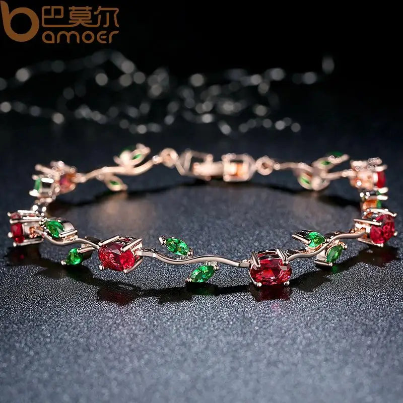Rose Gold Color Leaf Chain & Link Bracelet with Red + Green AAA Zircon for Mother Gifts Jewelry JIB072