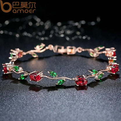 Rose Gold Color Leaf Chain & Link Bracelet with Red + Green AAA Zircon for Mother Gifts Jewelry JIB072