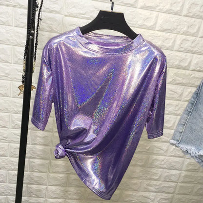 Summer woman tops shiny loose short sleeve t-shirt sexy club aesthetic harajuku women stylish bright silk tshirt
