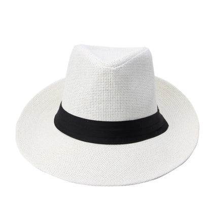 Fashion Summer Casual Unisex Beach Trilby Large Brim Jazz Sun Hat Panama Hat Paper Straw Women Men Cap With Black  Ribbon
