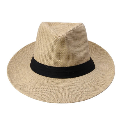 Fashion Summer Casual Unisex Beach Trilby Large Brim Jazz Sun Hat Panama Hat Paper Straw Women Men Cap With Black  Ribbon