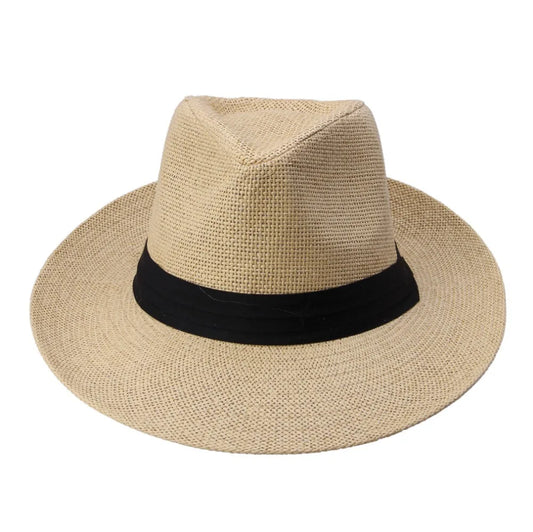 Fashion Summer Casual Unisex Beach Trilby Large Brim Jazz Sun Hat Panama Hat Paper Straw Women Men Cap With Black  Ribbon