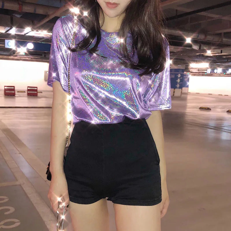 Summer woman tops shiny loose short sleeve t-shirt sexy club aesthetic harajuku women stylish bright silk tshirt