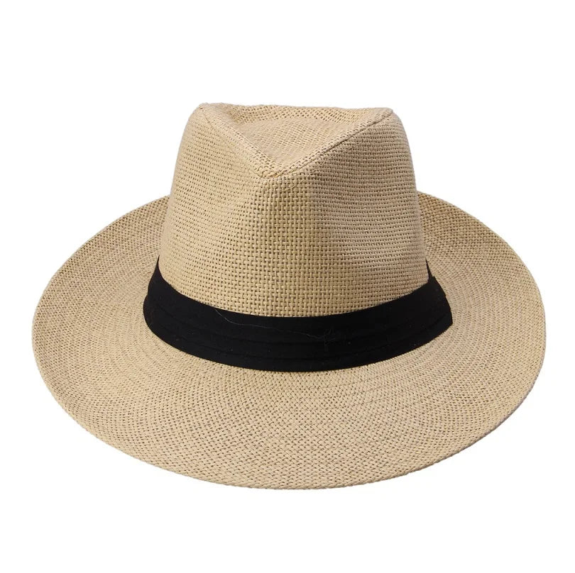 Fashion Summer Casual Unisex Beach Trilby Large Brim Jazz Sun Hat Panama Hat Paper Straw Women Men Cap With Black  Ribbon