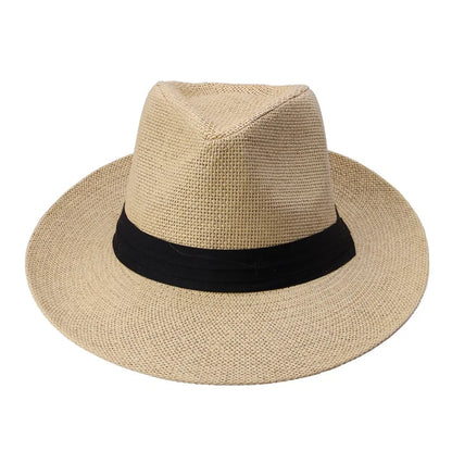 Fashion Summer Casual Unisex Beach Trilby Large Brim Jazz Sun Hat Panama Hat Paper Straw Women Men Cap With Black  Ribbon