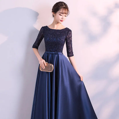 New 2025 Long Formal Evening Dresses Elegant Lace Satin Navy Blue Vestidos Para Mujer Women Party Gown