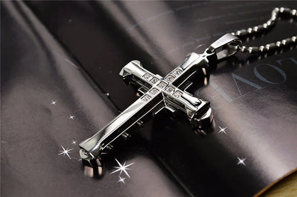 Male Crystal Cross Jesus Pendant Gold/Black/Blue Color Zirconia Necklace Stainless Steel Jewelry
