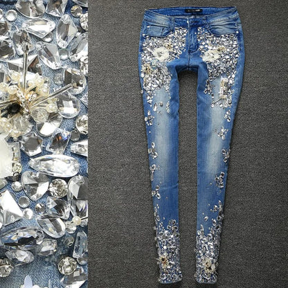 Fashion Vintage Women Luxury Embroidered Flares Diamond Denim Jeans Women Beaded Skinny Slim Fit Stretch Pencil Pants Trousers