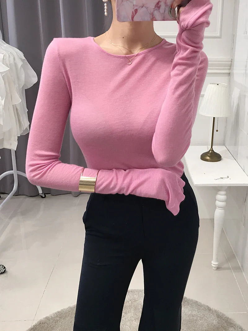 Shirt Women T-Shirt Long Sleeve Korean Style Slim Basic Elasticity Tshirt Top Womens Clothing T Shirt Femme