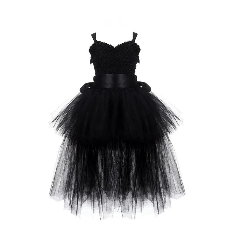 Vestido Tutu Rosa e Preto para Meninas, Vestido de Tule com Cauda e Decote V para Festa de Aniversário, Vestido de Baile para Meninas, Fantasias de Halloween Infantis