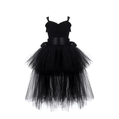 Vestido Tutu Rosa e Preto para Meninas, Vestido de Tule com Cauda e Decote V para Festa de Aniversário, Vestido de Baile para Meninas, Fantasias de Halloween Infantis