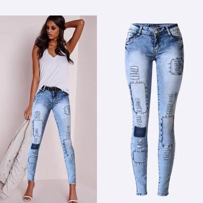 Low Waist Sky Blue Patchwork Skinny Tights Women