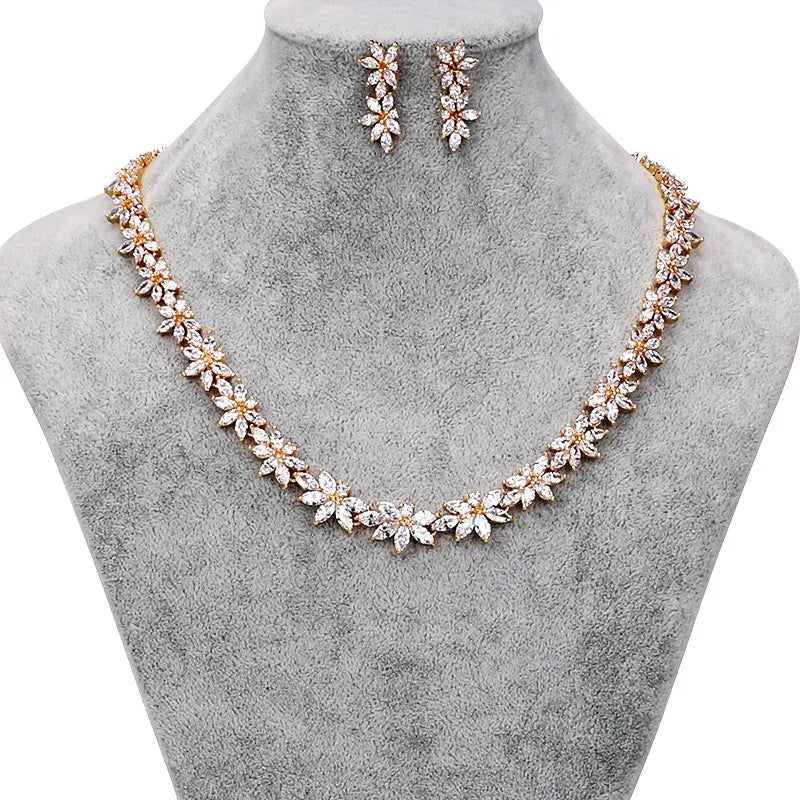 Marquise Floral Cubic Zirconia CZ Crystal Necklace and Earring Wedding Bridal Jewelry Sets